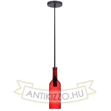 Borosüveg függeszték lámpa, textil vezetékkel - piros - E14