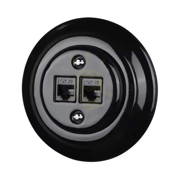 Dupla RJ45 aljzat – fekete porcelán kerettel (2×RJ45, CAT5e/CAT6)