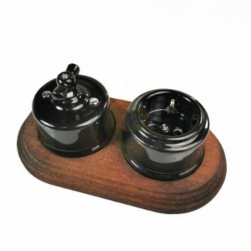 Kép Fekete porcelán falonkívüli konnektor + fekete forgókapcsoló sötét kettes fa sorolókerettel