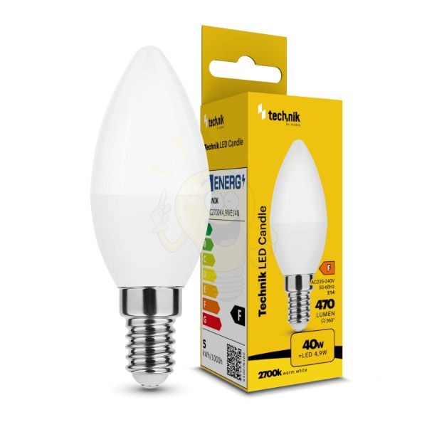 Technik LED Izzó Gyertya (Candle) C37 4,9W E14 200° 2700K (470 lumen) ERP