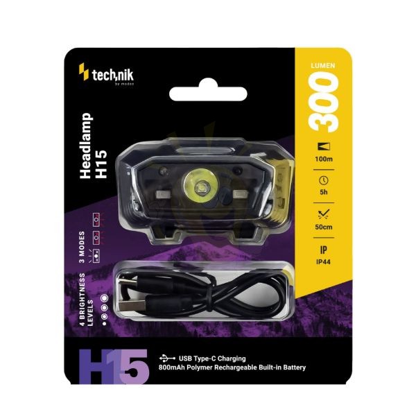 Technik Fejlámpa H15 (akkumulátoros) CREE LED + USB Type-C (300 lumen)